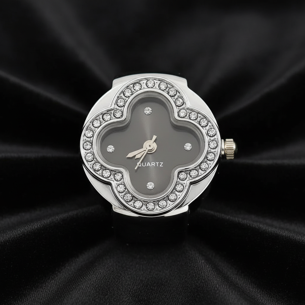 Charcoal Dial Silver Ring Watch Straight On Black Velvet