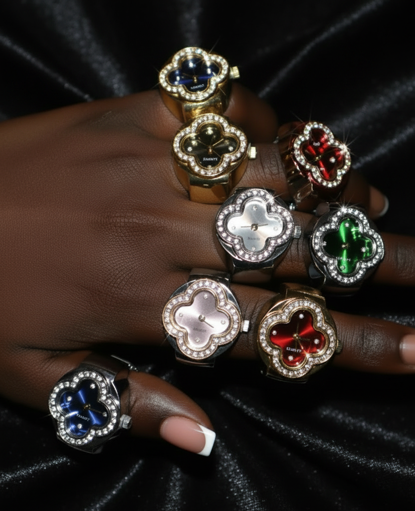 Four-Leaf Clover Ring Watch – Black Velvet French Manicure