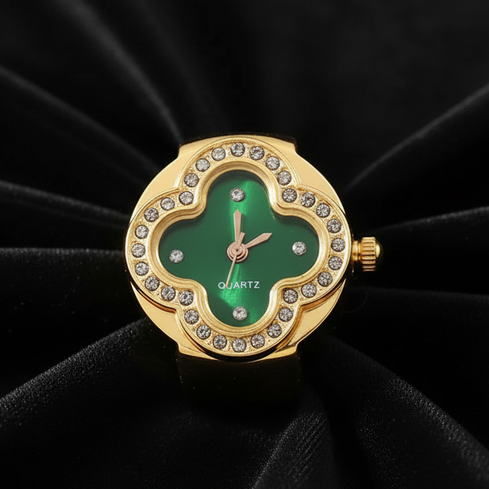 Gold Watch Ring - Green Dial on Black Velvet