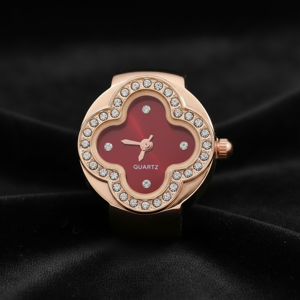 Red Dial Ring Watch Straight-On Black Velvet