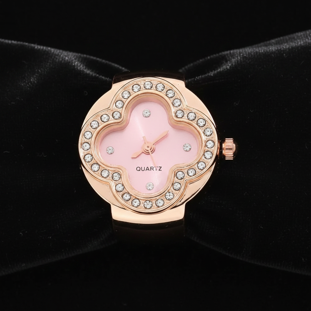 Rose Gold Clover Ring Watch on Black Velvet
