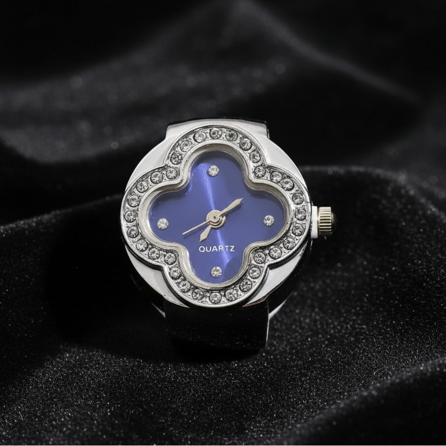 Silver Blue Dial Ring Watch on Black Velvet