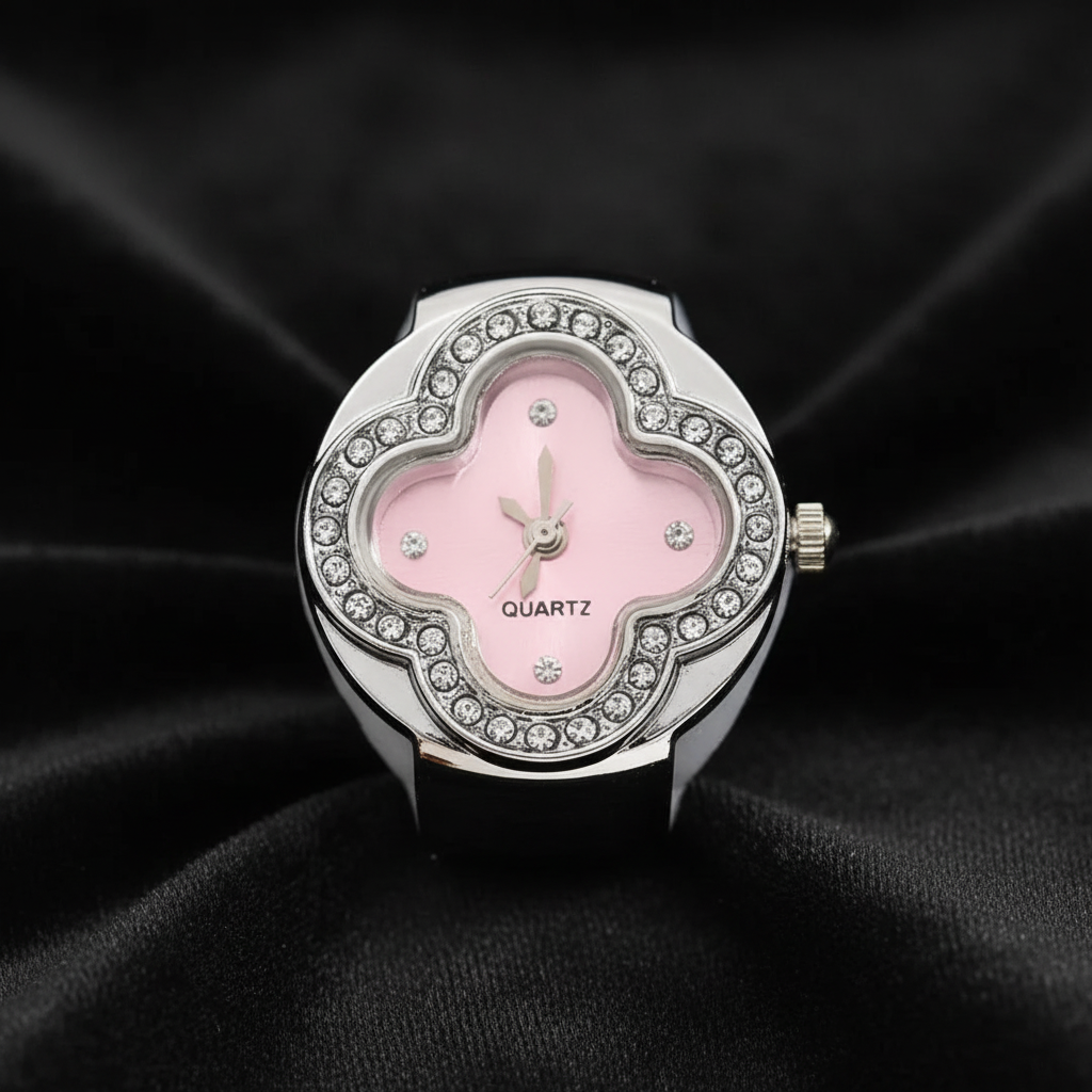 Silver Pink Dial Ring Watch on Black Velvet