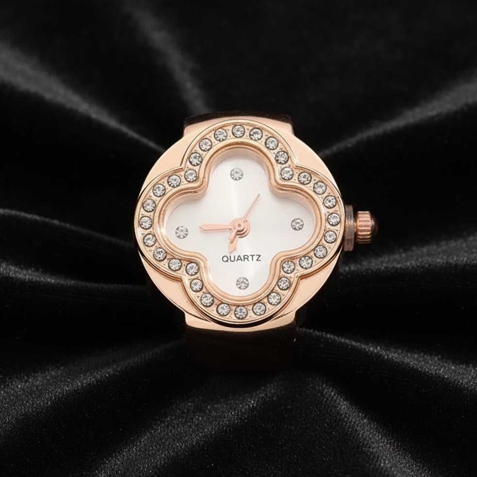 Snow Dial Rose Gold Ring Watch Straight On Black Velvet